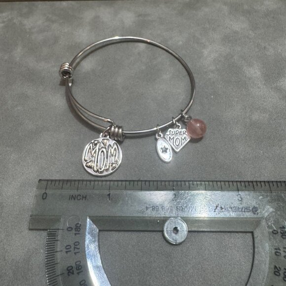 Charm Bracelet Silver Adjustable Super Mom Heart Charms Pink Glass Bead Bangle - Picture 3 of 3